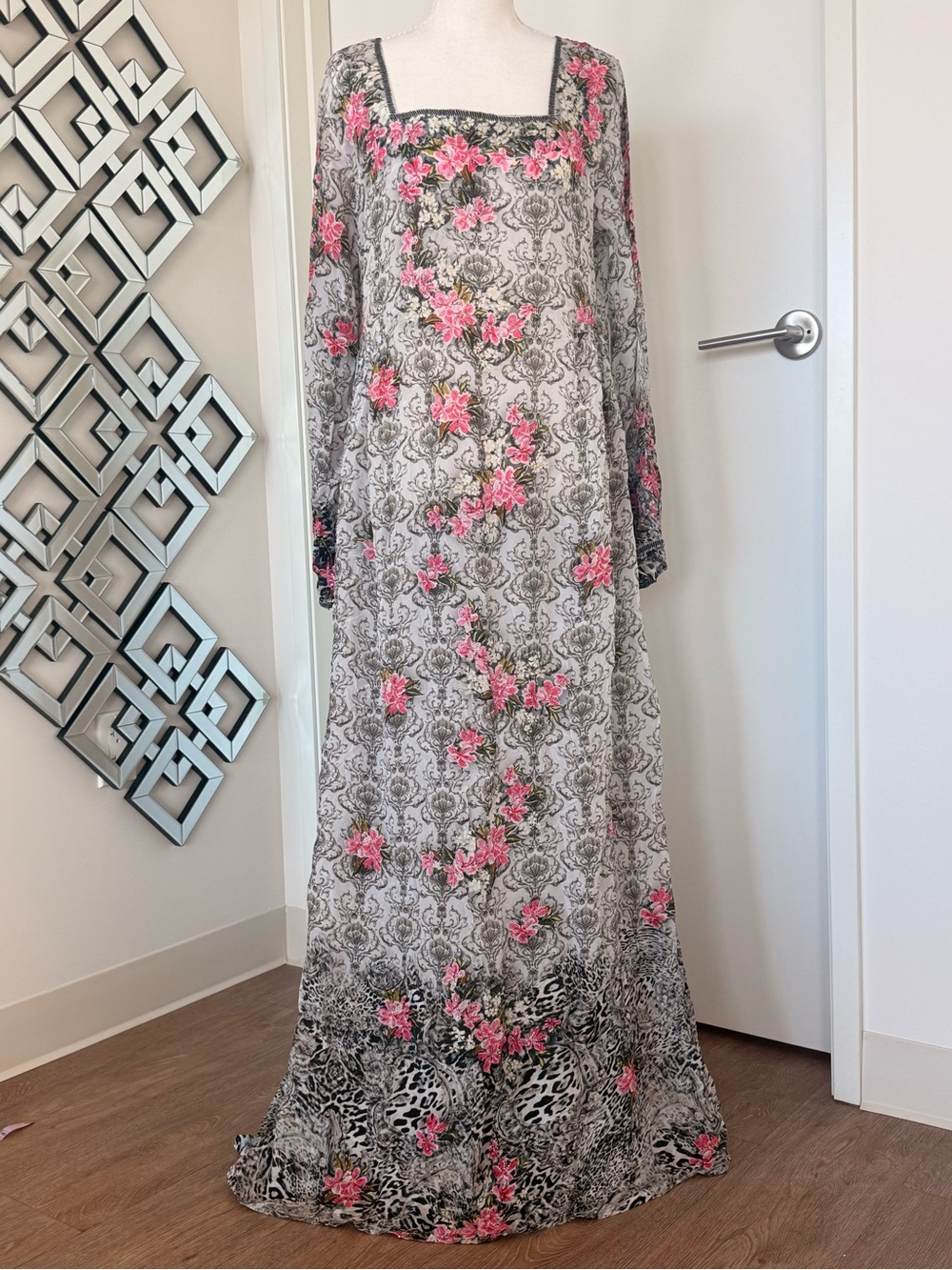 Floral Embroidered Square-Neck Maxi Dress in Gray and Pink abaya kaftaan